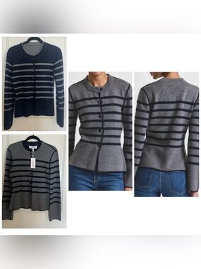 NWT 10 Crosby Derek Lam Marina Reversible Cardigan Grey and Navy Size Medium